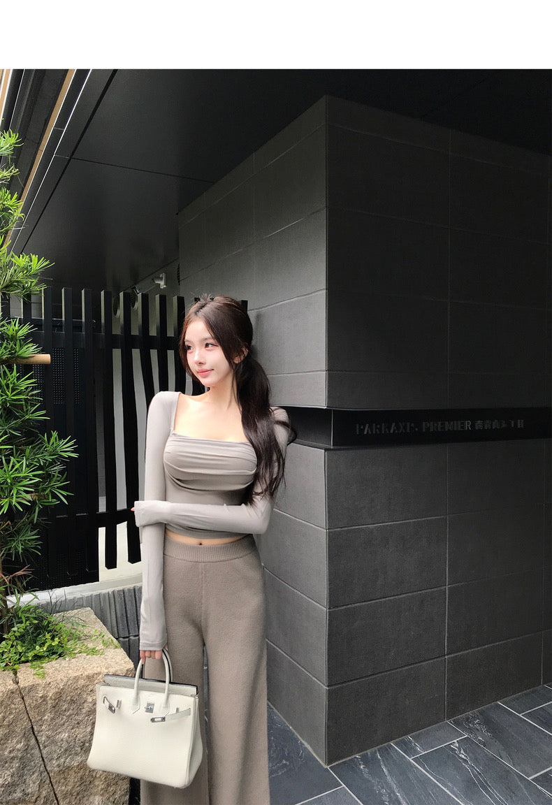 Thu. 韓模曲線 自帶胸墊方領顯瘦長袖上衣 紅/灰