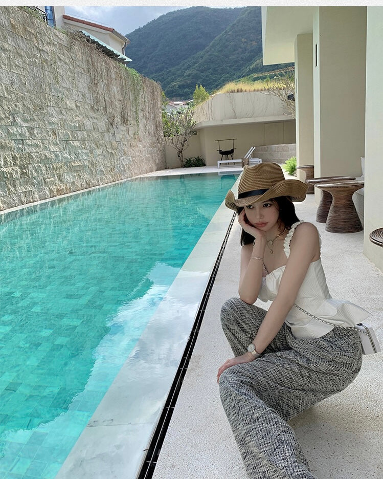 Wed. 小香亮絲混紗編織闊腿褲