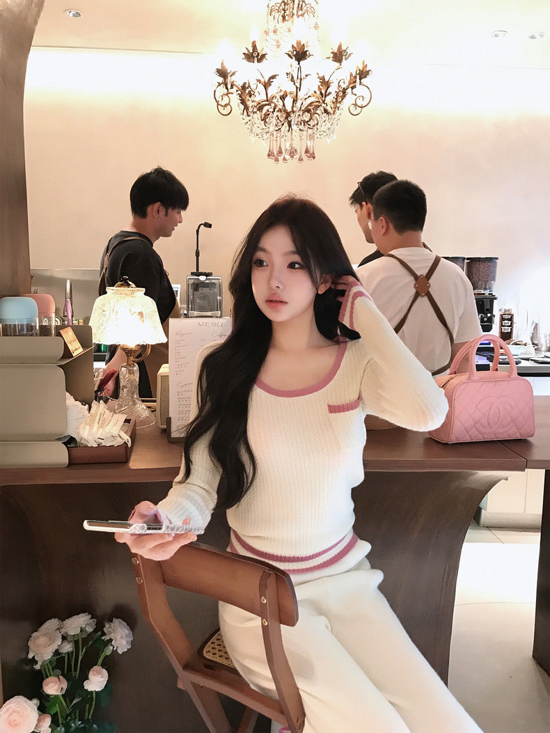 Wed. 高允真同款 小香撞色U領修身針織上衣 藍/白