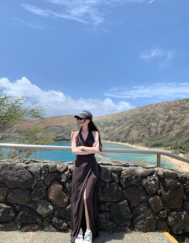 Sun. 夏威夷摯愛 度假收腰V領開叉連身洋裝