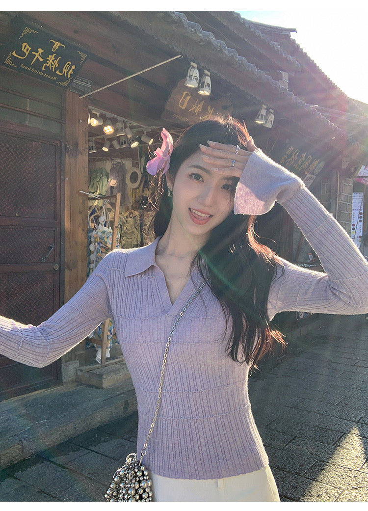 Tue. 氣質基礎 polo領修身針織喇叭袖上衣 紫