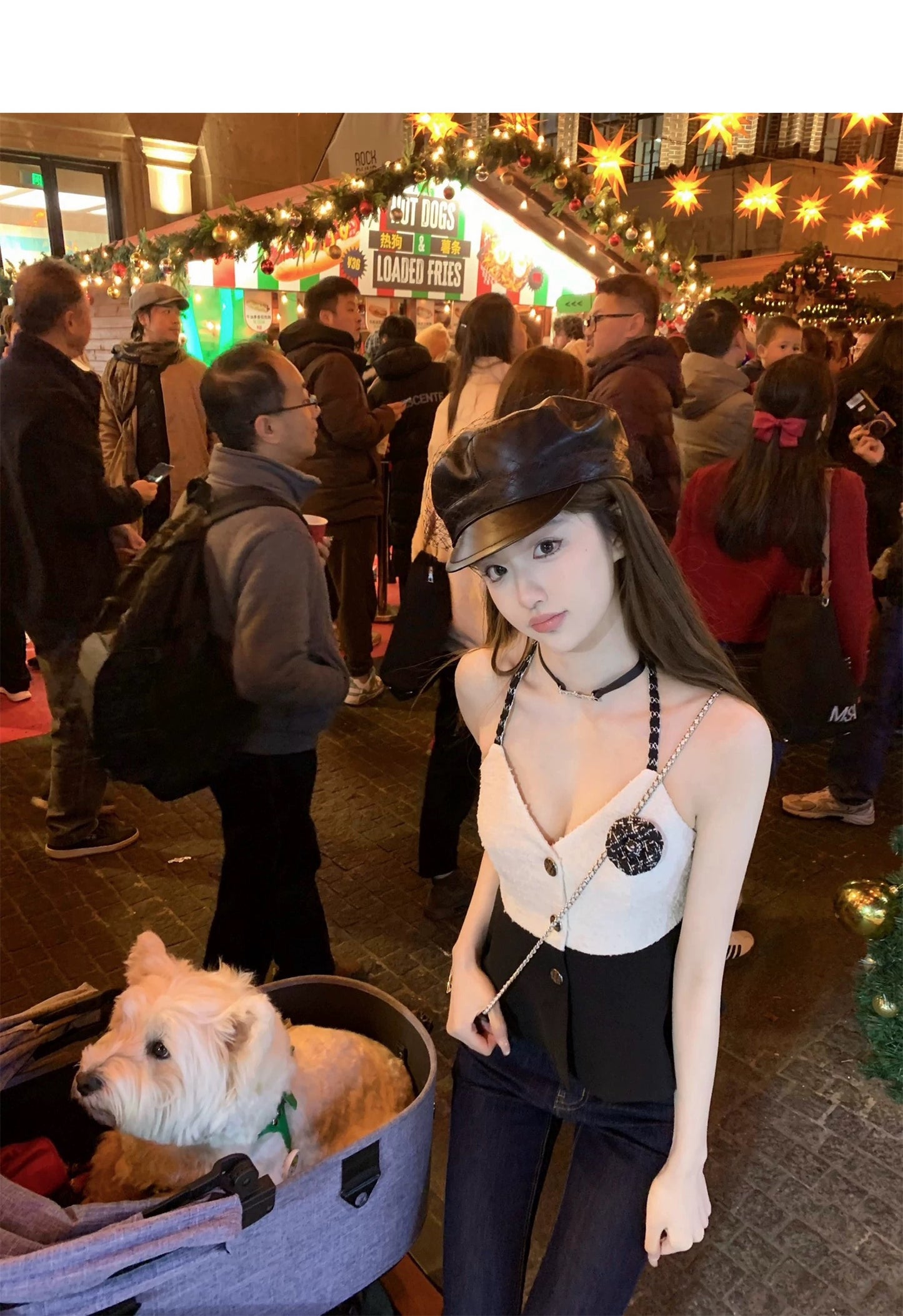 Fri. 氣質小香毛呢黑白西裝拼接綁帶背心