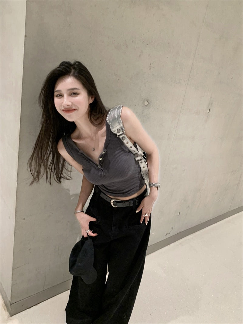 Fri. 美式鈕扣背心2色 廓形抽繩運動褲