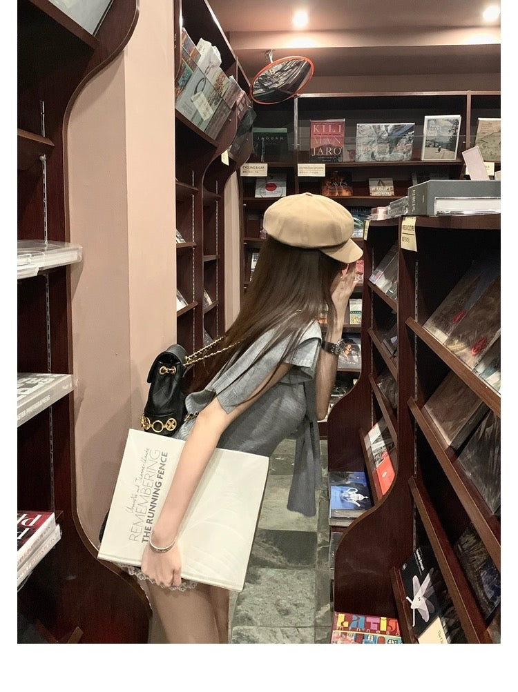 Wed. 韓女Cruch氣質鬆弛感 兩件式針織披肩上衣 灰