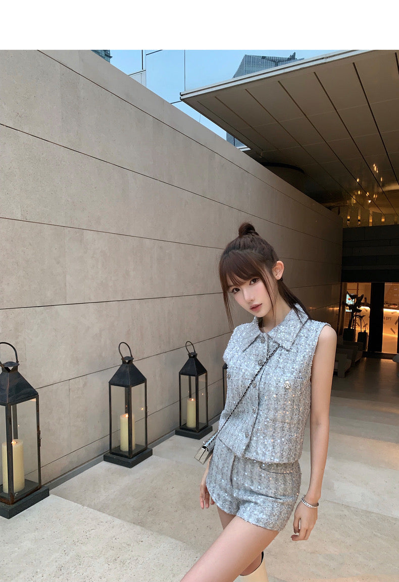 Sat. 氣質小香 銀色透明亮片背心套裝