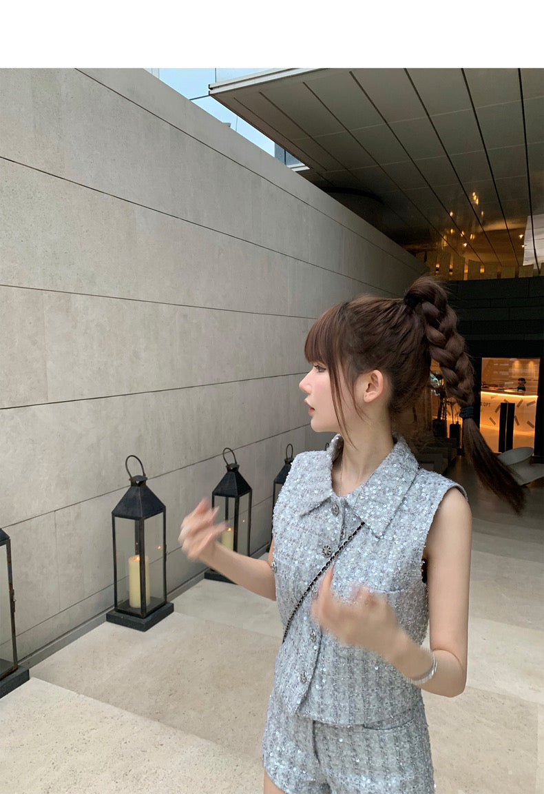 Sat. 氣質小香 銀色透明亮片背心套裝
