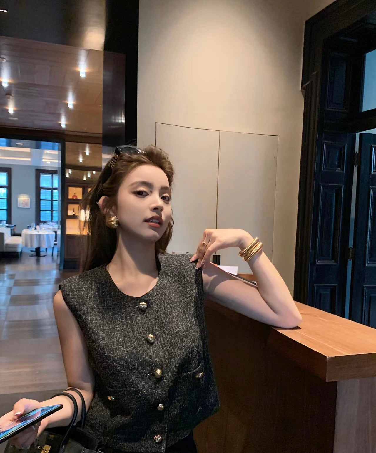 Sat. 小香風 金釦背心 銀麻灰