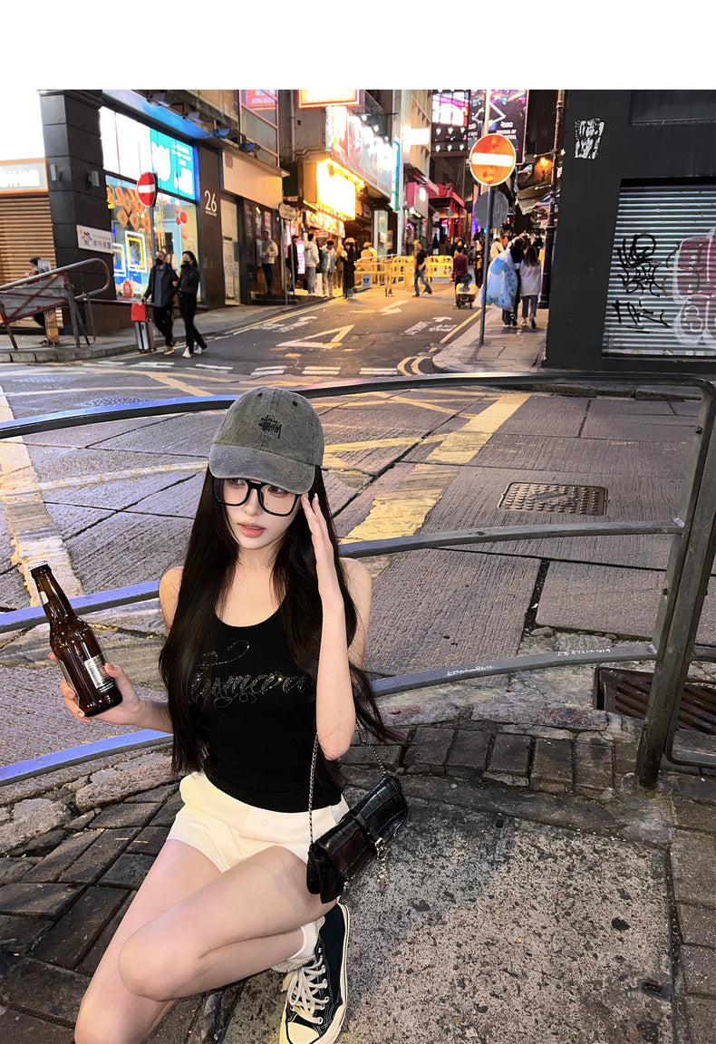 Fri. 辣妹閃鑽字母緊身顯瘦上衣 黑/白