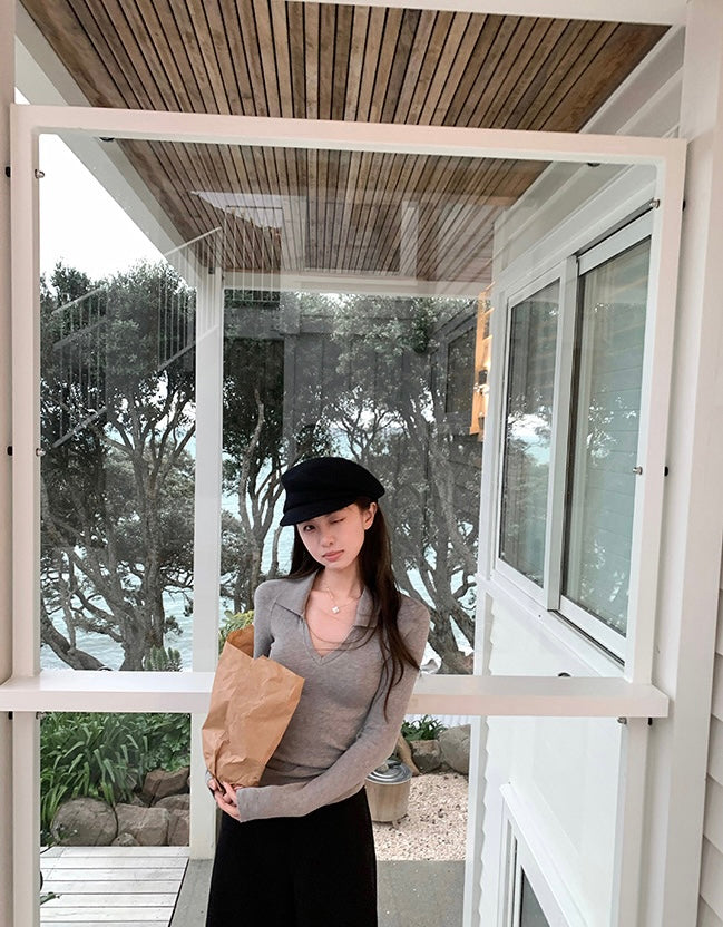 Tue. 經典打底 純棉polo領純色修身上衣 灰/白