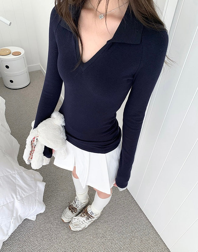 Tue. 經典打底 純棉polo領純色修身上衣 藍