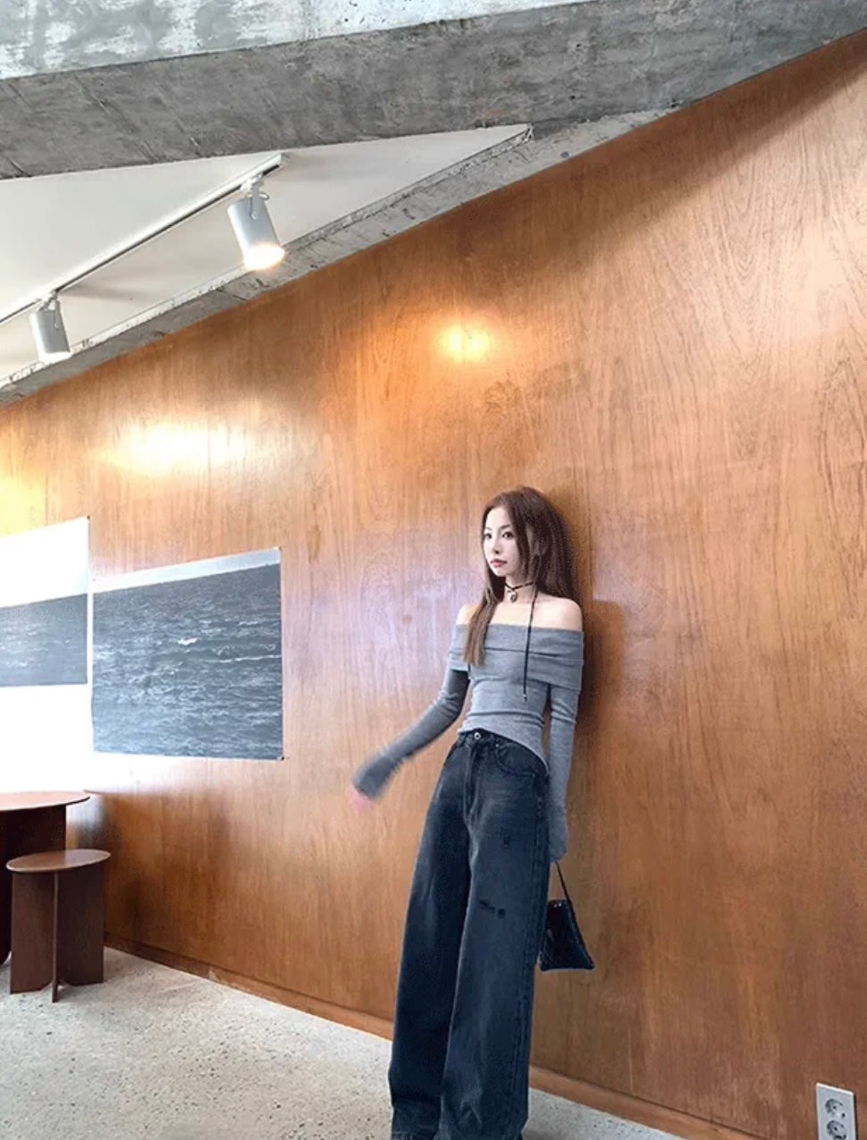 Wed. 小細腰 氣質軟糯親膚針織一字領上衣 粉/灰