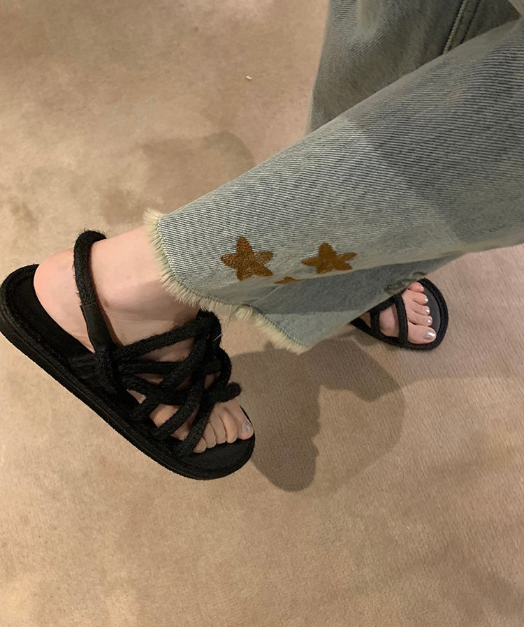 Mon. 春天刺繡圖牛仔九分褲