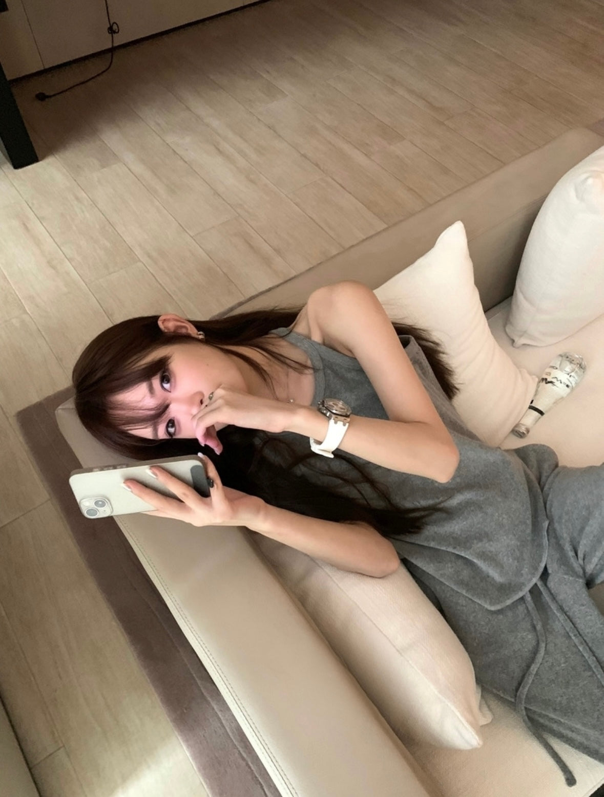 Sat. 懶人鬆弛感 圓弧下擺背心 休閒闊腿褲套裝 藏藍/灰