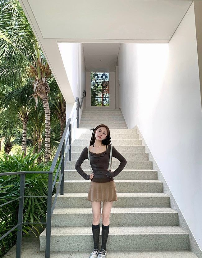 Sun. 半熟甜心 芭蕾蕾絲拼接上衣 粉/灰