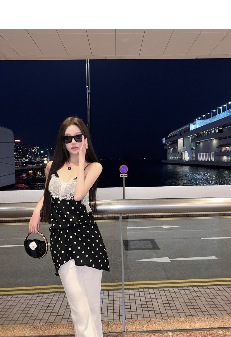 Fri. 復古蕾絲拼接波點小黑裙