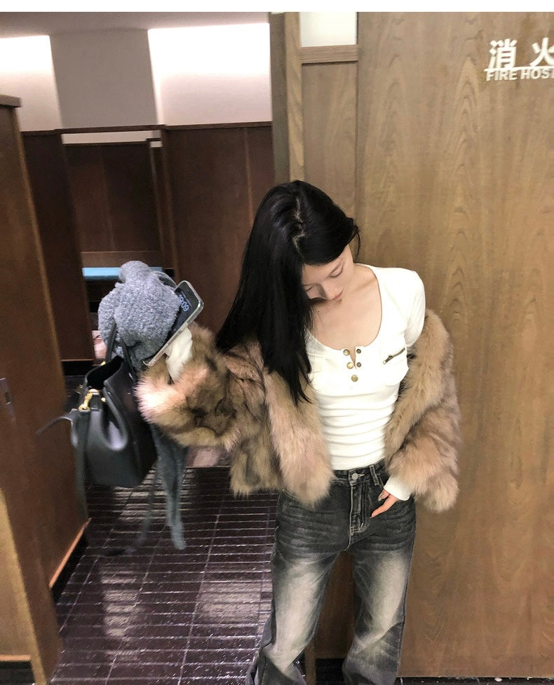 Tue. 復古girl 口袋拼接U領修身上衣 杏