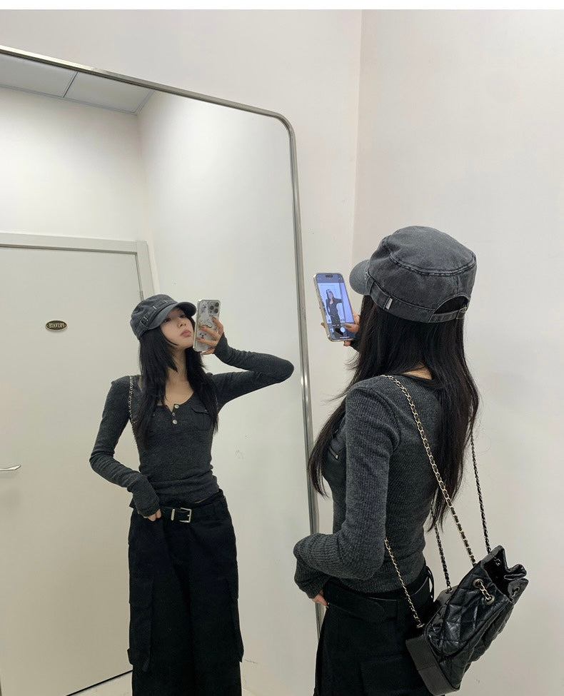 Tue. 復古girl 口袋拼接U領修身上衣 灰