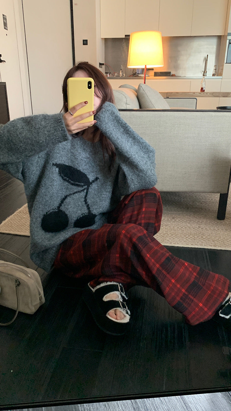 Sun. 嘭嘭櫻桃塗鴉百搭毛衣 灰