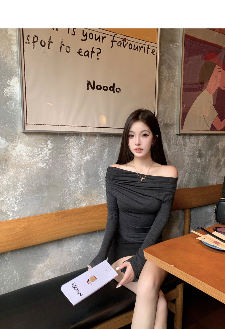 Sun. 氣質兩穿一字領 抓皺修身灰色長袖上衣