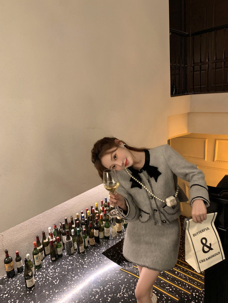 Sat. 法式名媛 氣質灰羊絨小香釦套裝