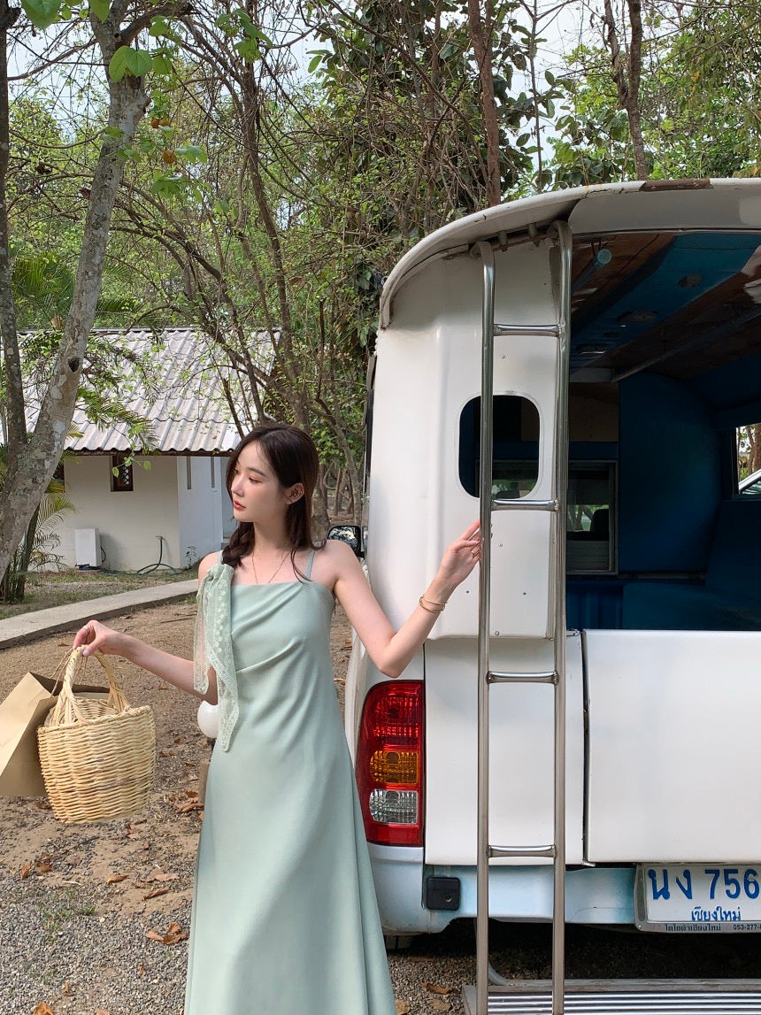 Wed. 法式氣質抹胸平口修身連身裙 綠