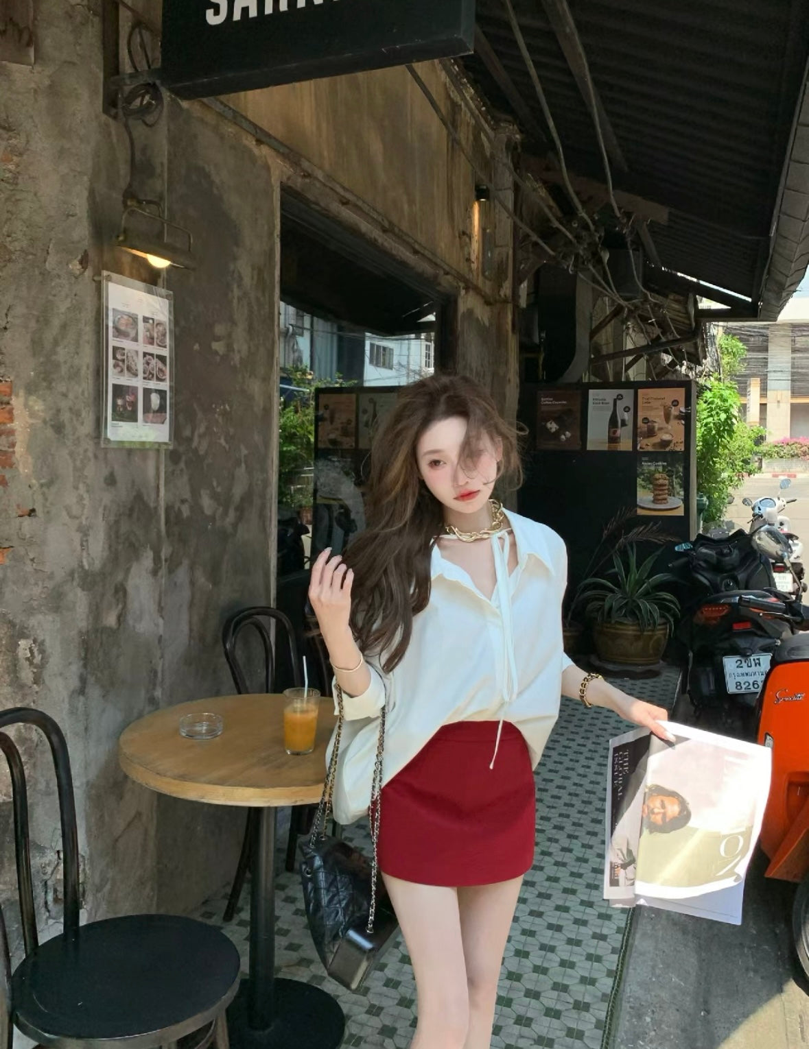 Sat. 秀場Ancora輕奢感白襯衫 正紅半身裙