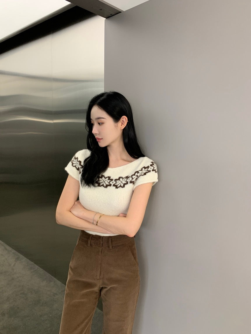 Wed. 軟糯鎖編復古緹花顯瘦針織上衣 黑/白