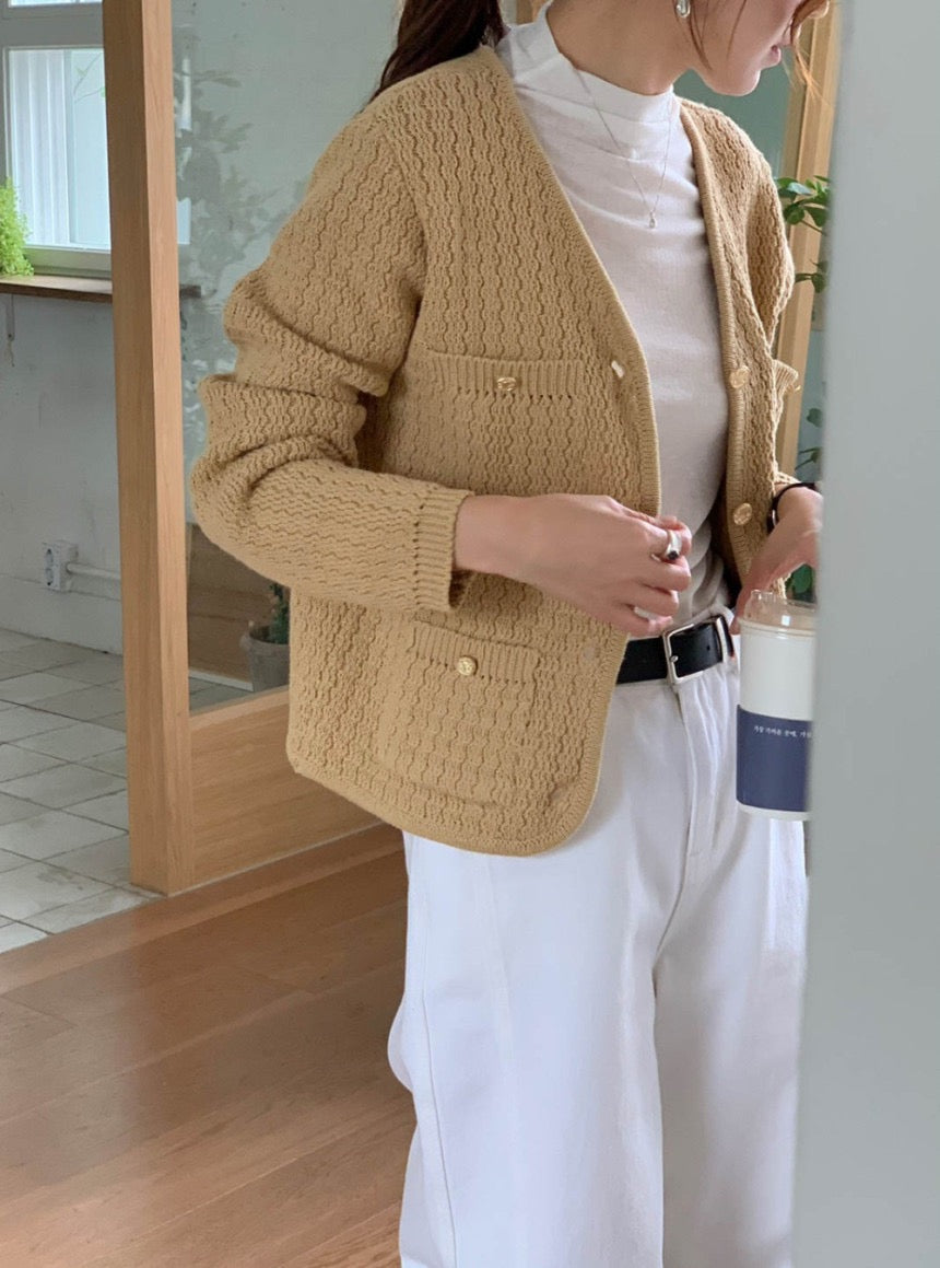 Wed. 氣質通勤單排金釦肌理針織外套 卡其