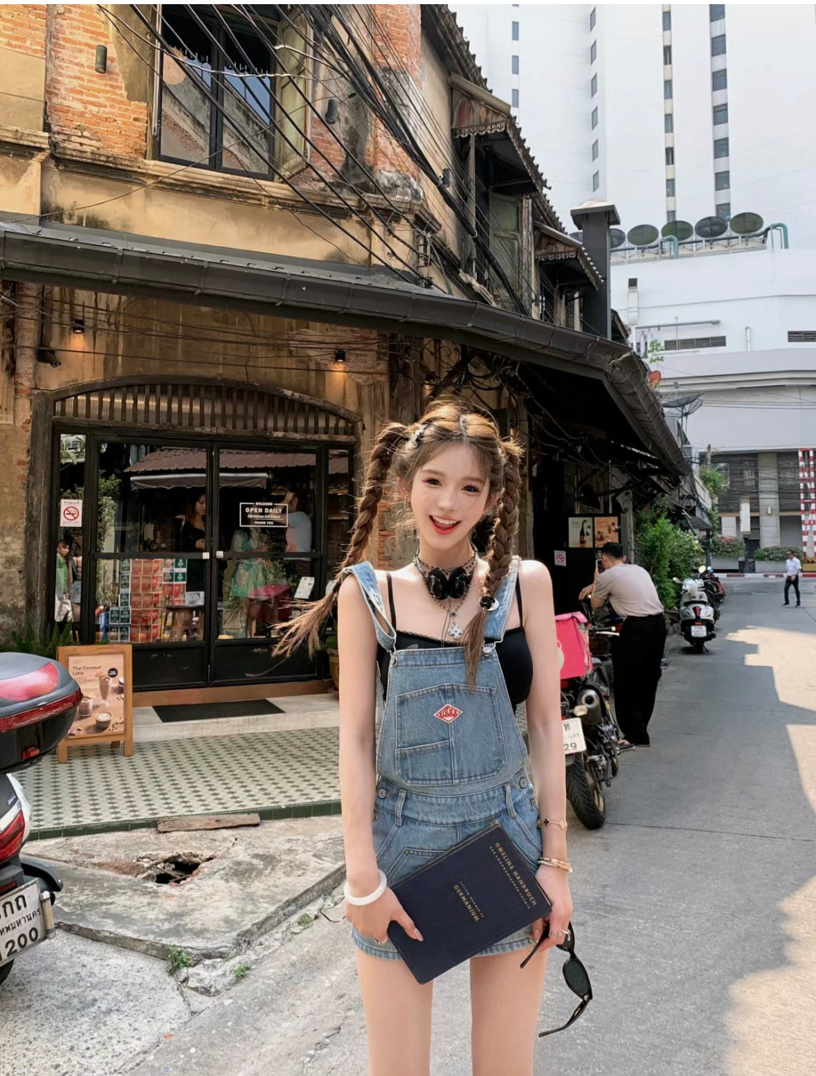 Mon. 元氣嫩妹 少女口袋牛仔吊帶褲裙 紅標藍