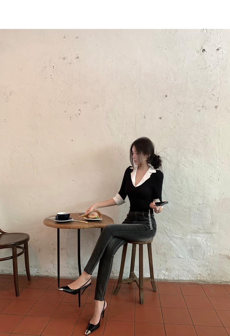 Wed. 韓女心機 襯衫領拼色假兩件式上衣