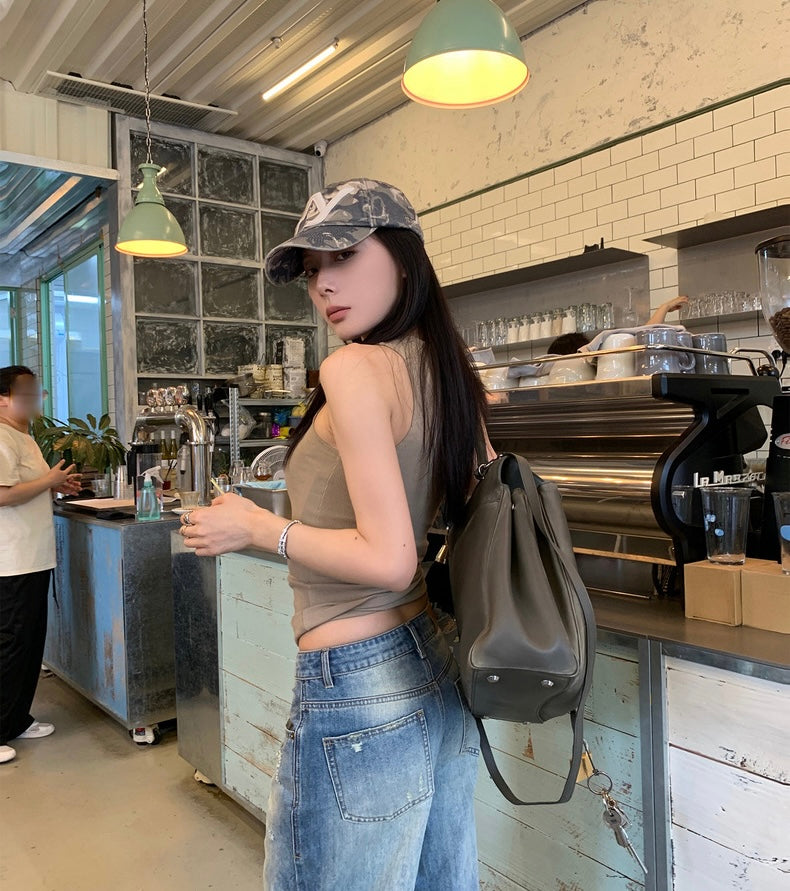 Wed. 百搭圓領拉鍊修身背心 灰/卡其