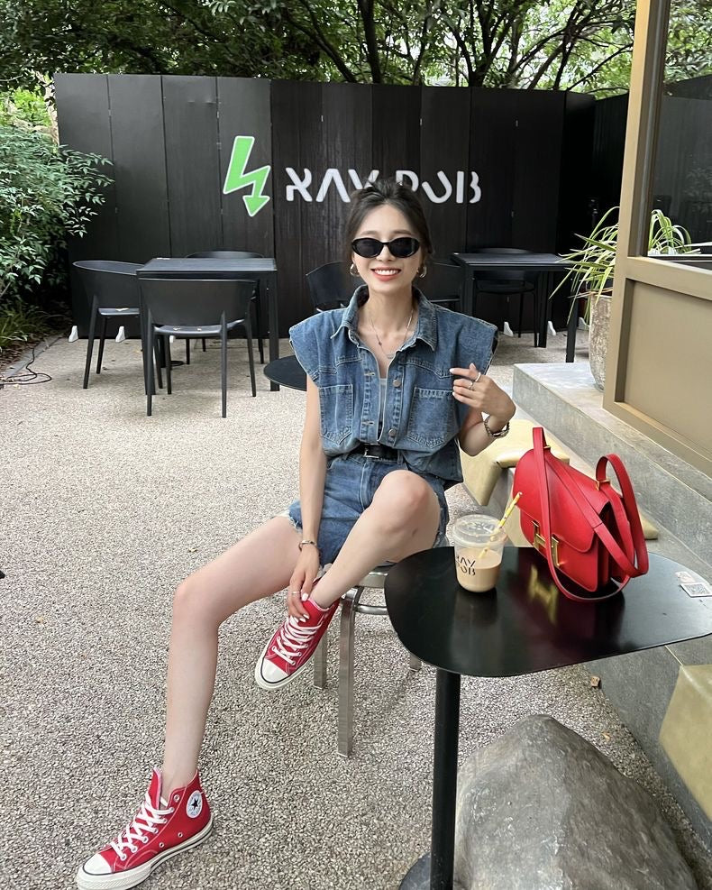 Mon. 復古直角肩牛仔背心 短褲二
