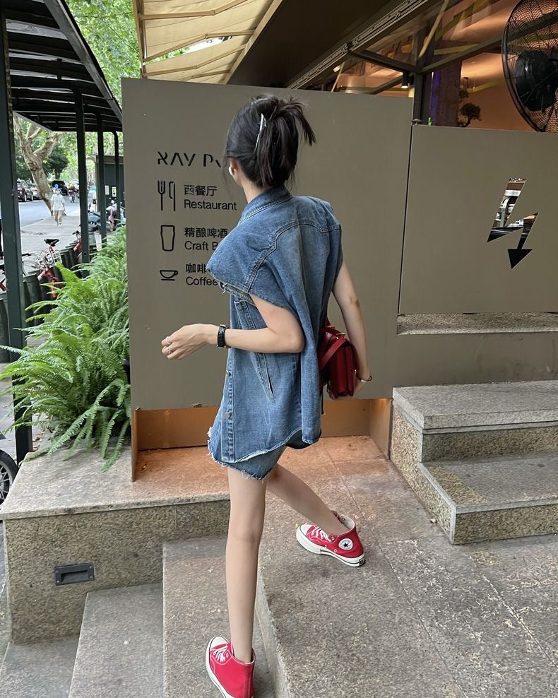 Mon. 復古直角肩牛仔背心 短褲二