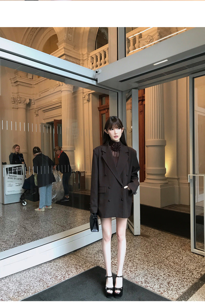 Sun. rose風 咖色玫瑰削肩透視感上衣