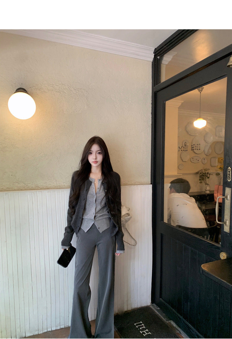 Sun. 高智系美人 慵懶假兩件式百搭鈕扣針織上衣 灰