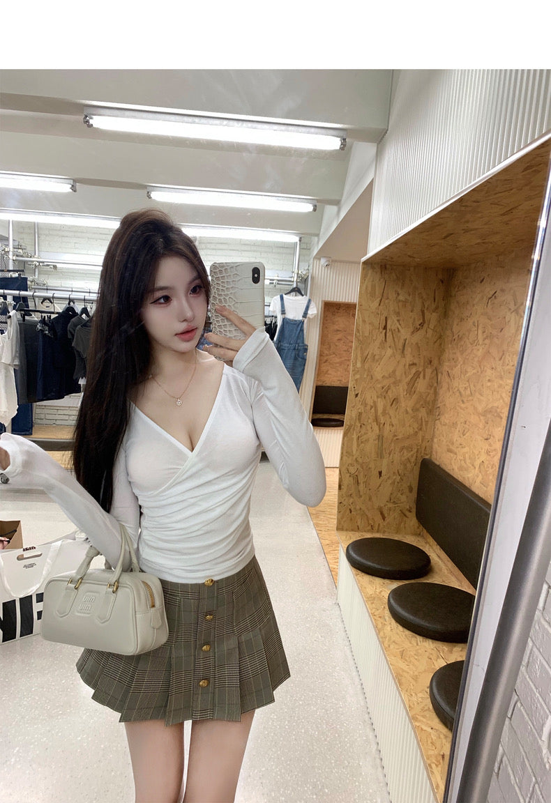 Sun. 心機美人 v領抓皺收腰打底長袖上衣 黑/灰/白