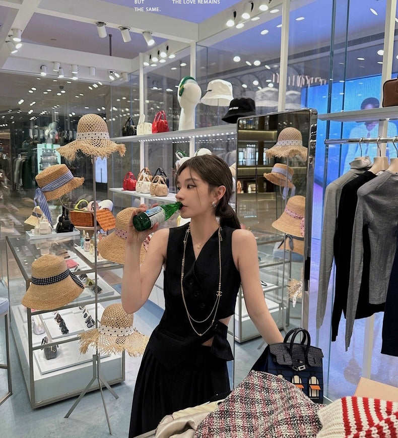 Thu. 腰側剪裁西裝背心+西裝褲 套裝 黑