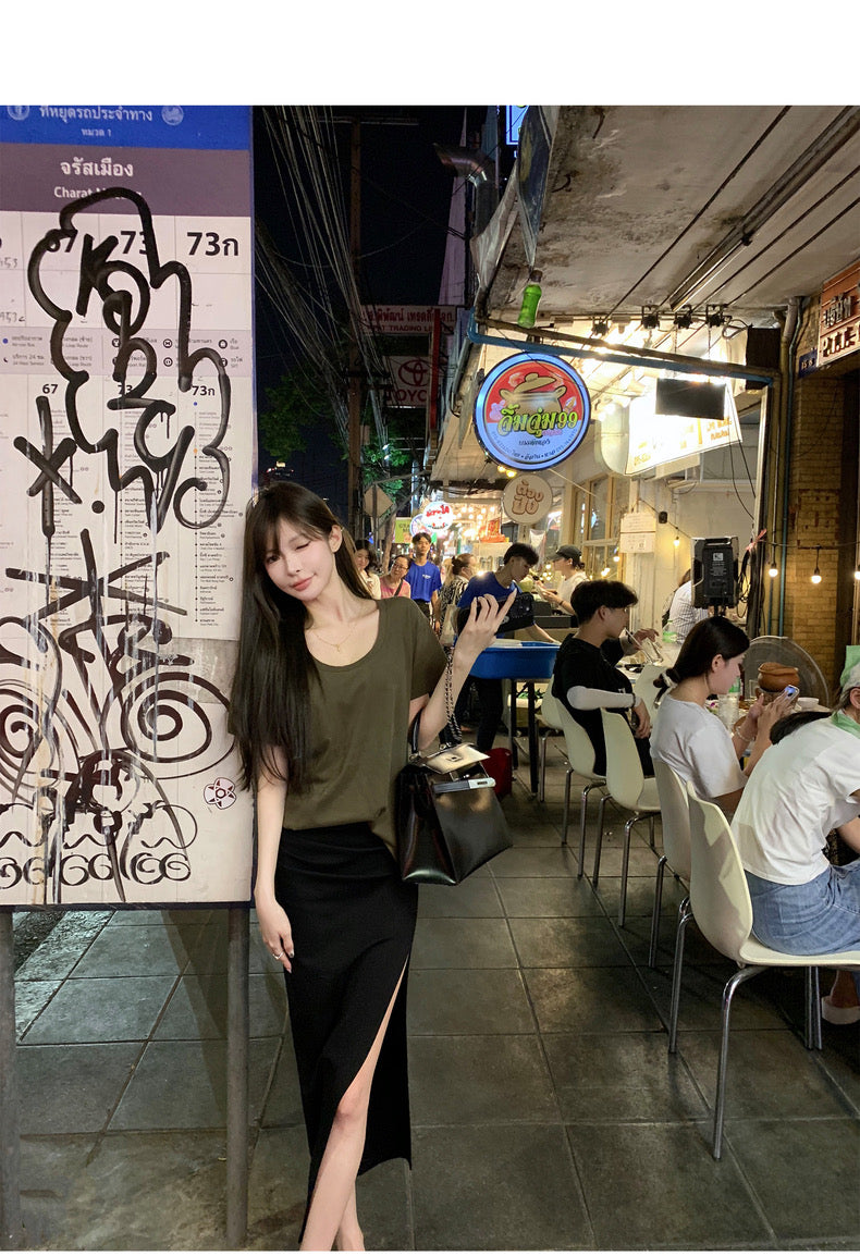 Mon. 歐美女明星極簡顯瘦褶皺開叉裙 灰