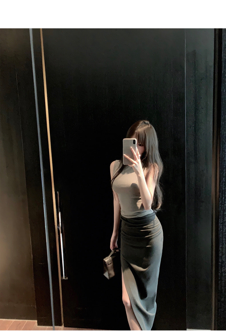 Mon. 歐美女明星極簡顯瘦褶皺開叉裙 灰