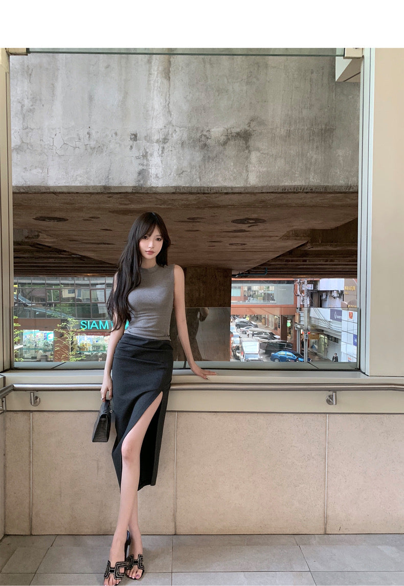 Mon. 歐美女明星極簡顯瘦褶皺開叉裙 灰