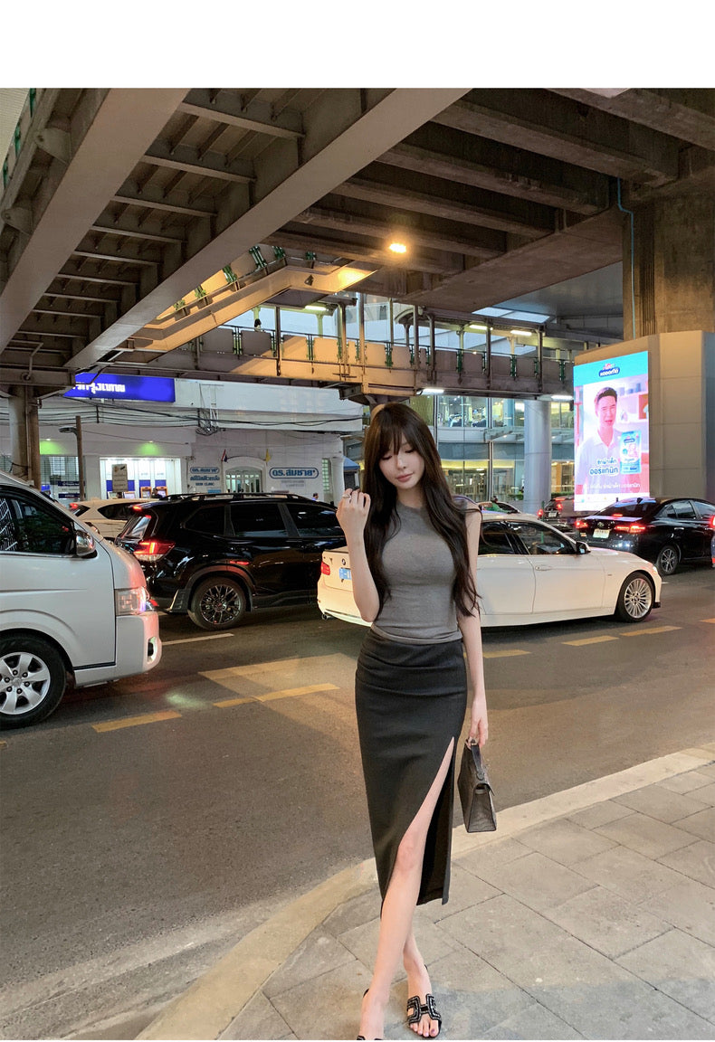 Mon. 歐美女明星極簡顯瘦褶皺開叉裙 灰