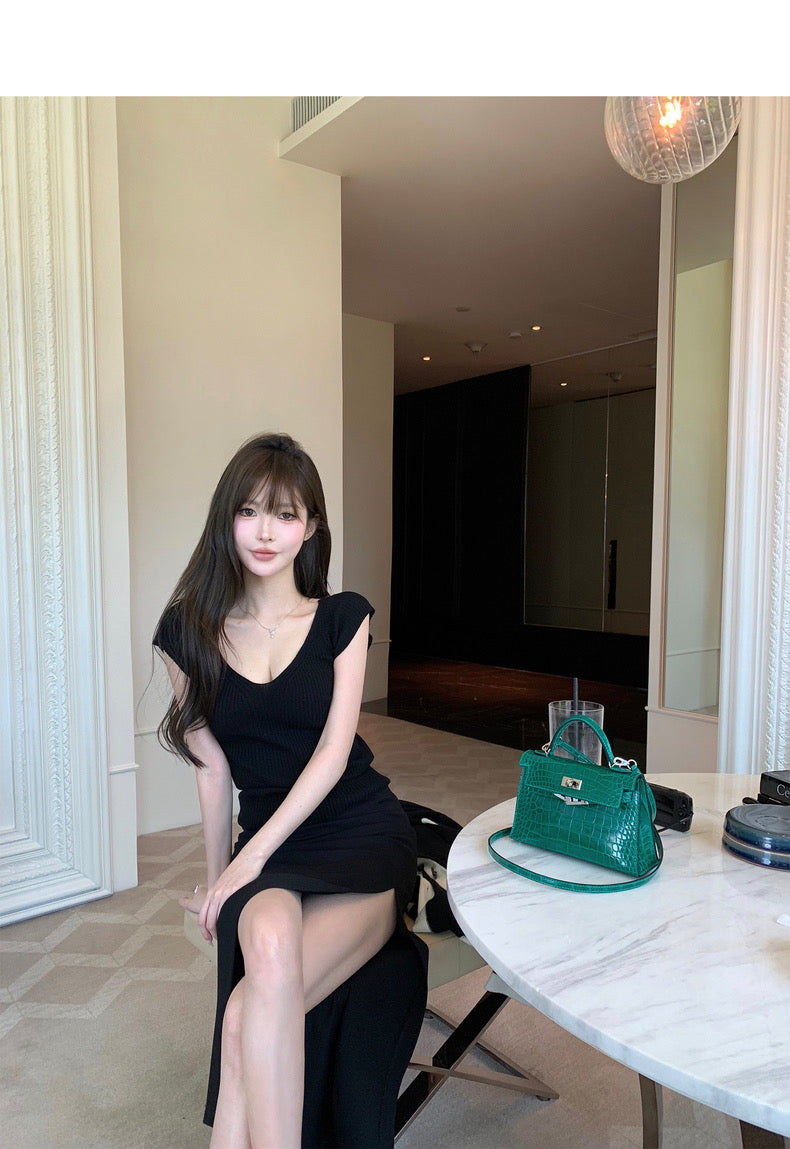 Mon. 歐美女明星極簡顯瘦褶皺開叉裙 黑