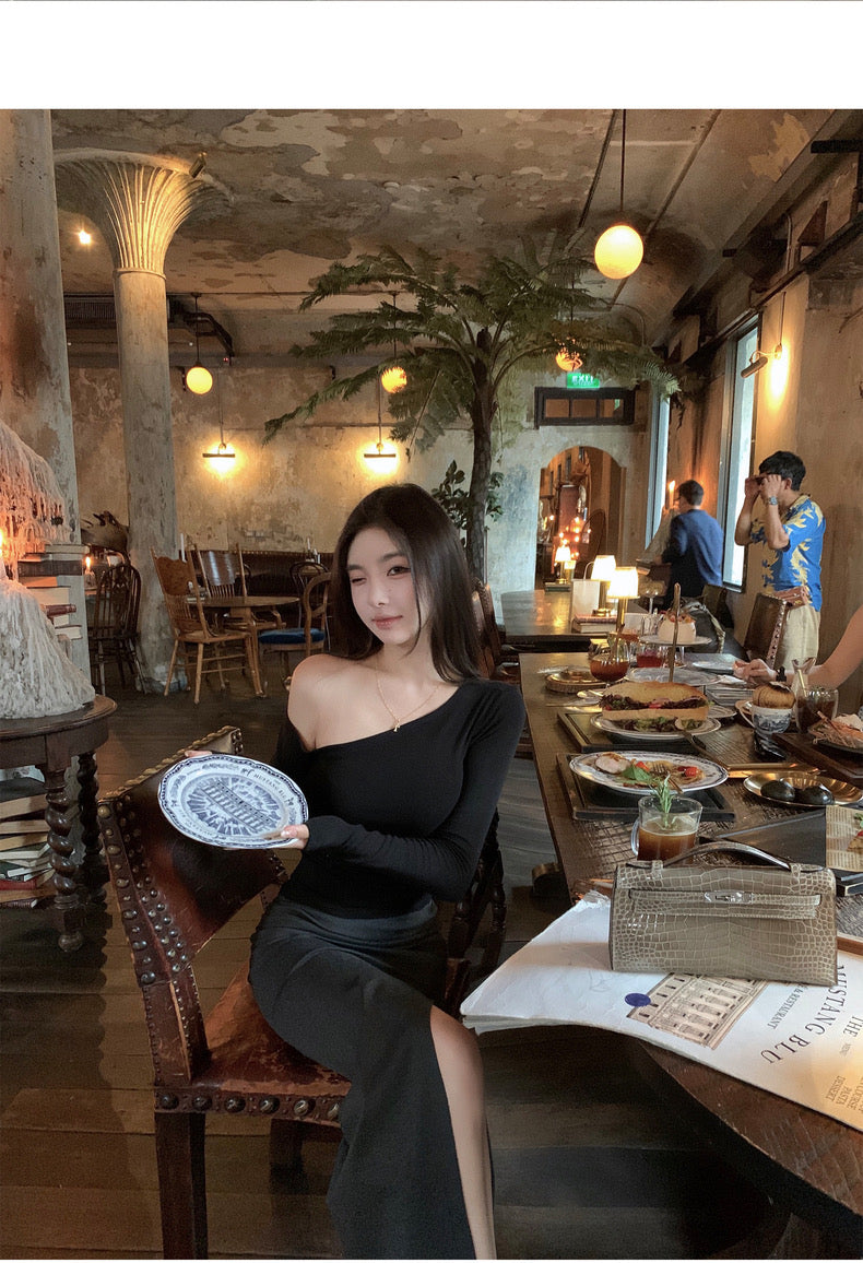 Mon. 歐美女明星極簡顯瘦褶皺開叉裙 黑
