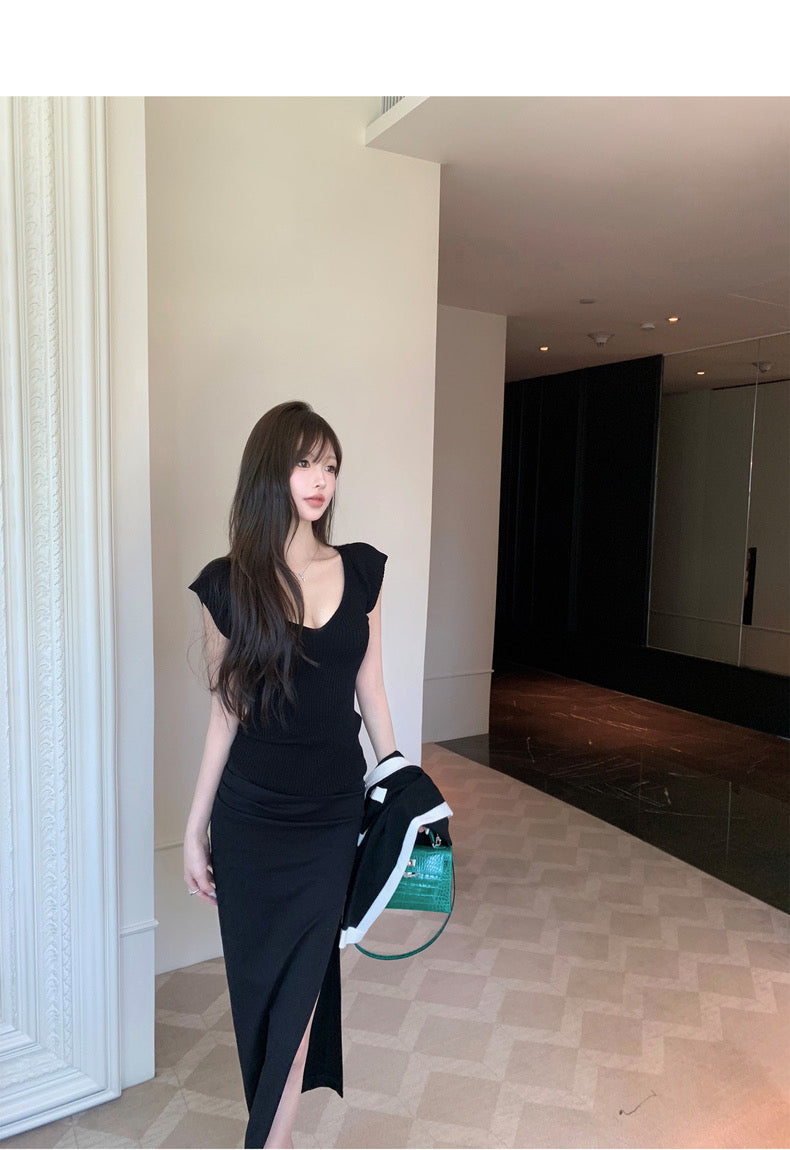 Mon. 歐美女明星極簡顯瘦褶皺開叉裙 黑