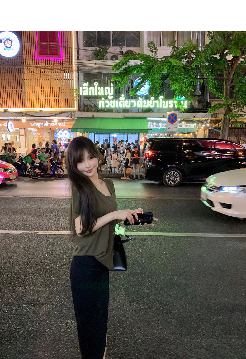 Mon. 歐美女明星極簡顯瘦褶皺開叉裙 黑