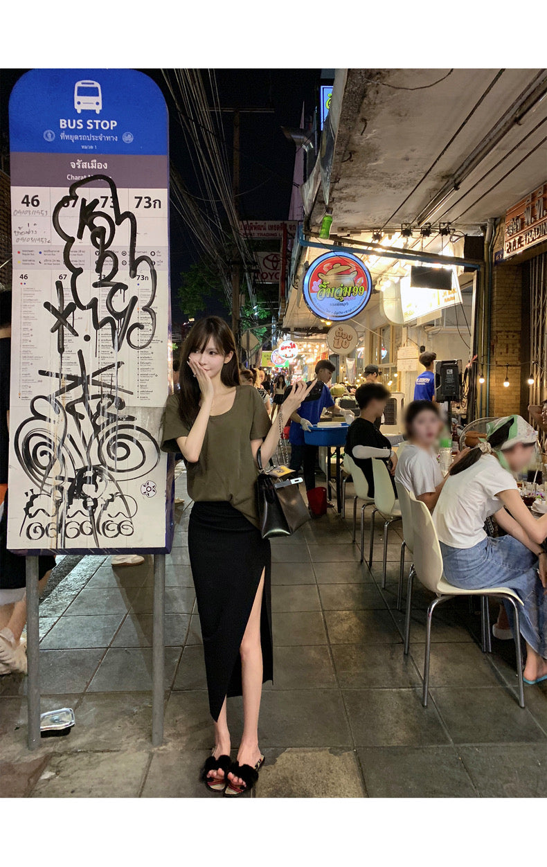 Mon. 歐美女明星極簡顯瘦褶皺開叉裙 黑