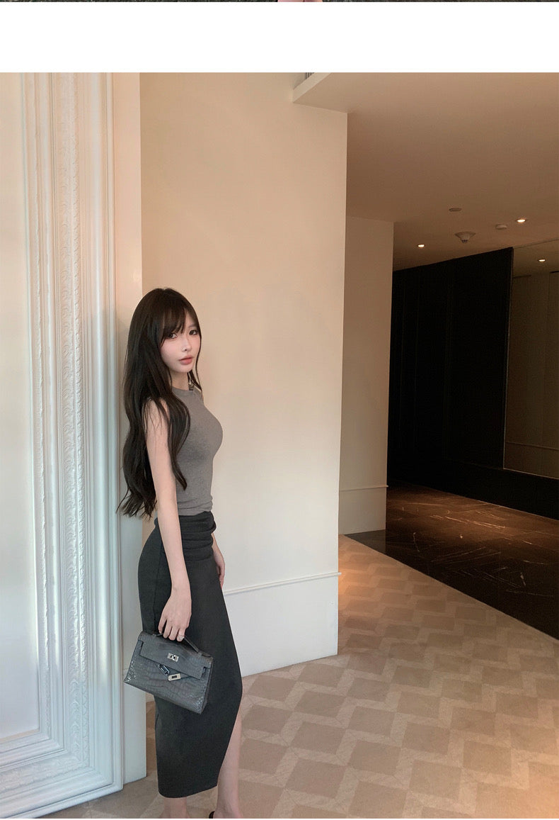 Mon. 歐美女明星極簡顯瘦褶皺開叉裙 灰