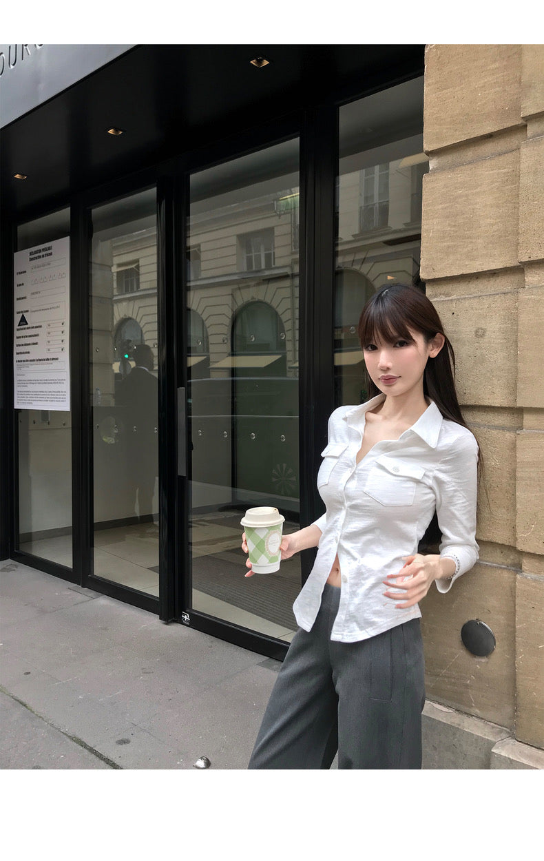 Sun. 鬆弛感韓女 排釦polo領顯瘦收腰襯衫 黑/白