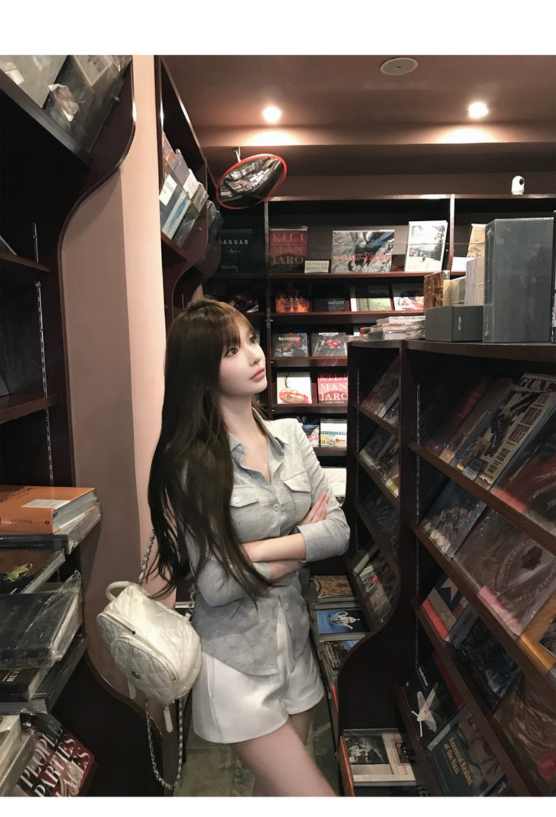 Sun. 鬆弛感韓女 排釦polo領顯瘦收腰襯衫 灰