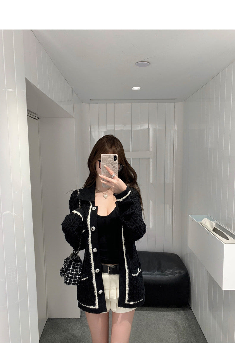 Sun. 王一博同款 鬆弛感小香時髦人的愛拼色針織外套 黑